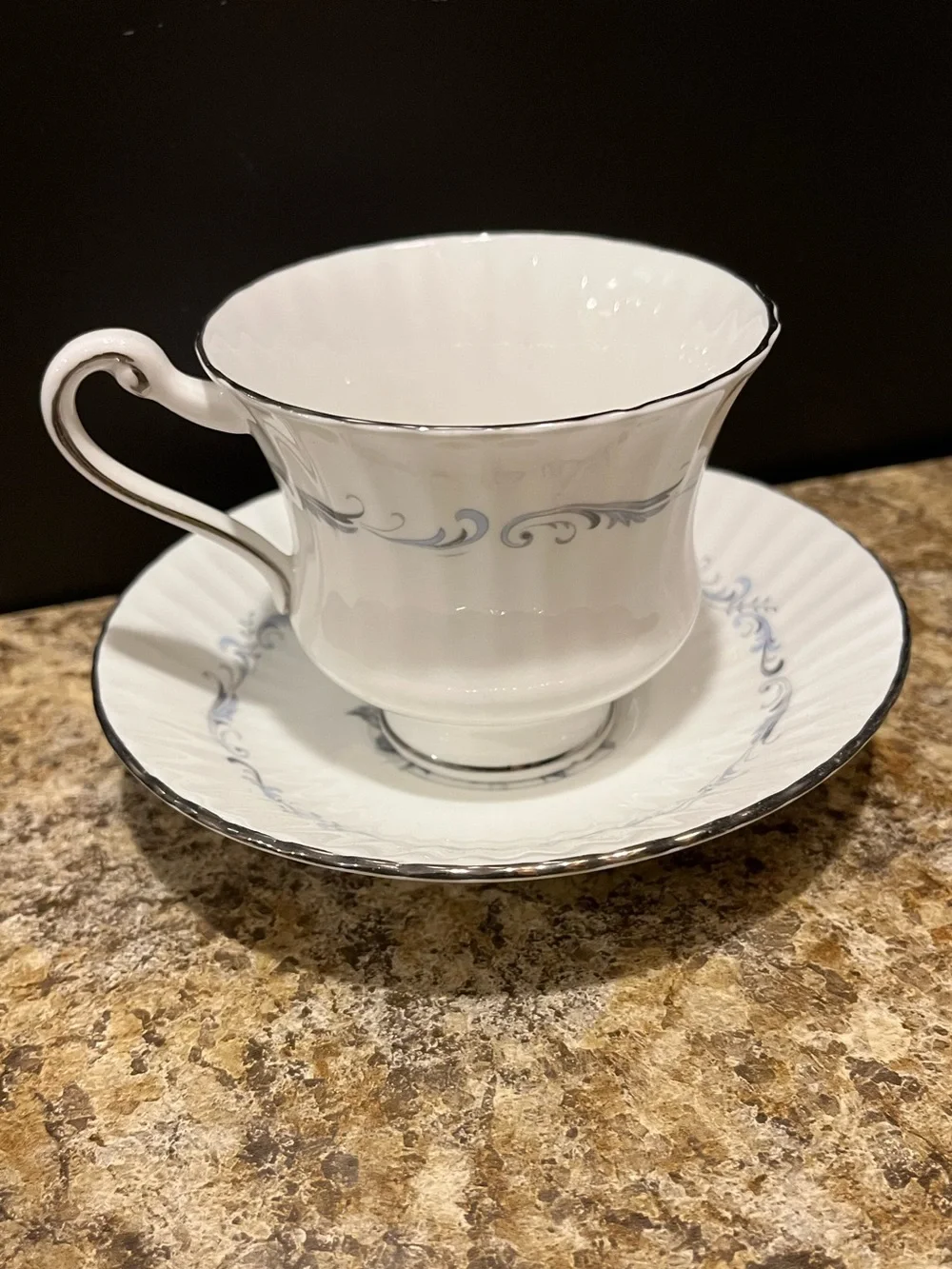 PARAGON Morning Rose Bone China Teacup and Saucer with Blue Rose and Silver Trim